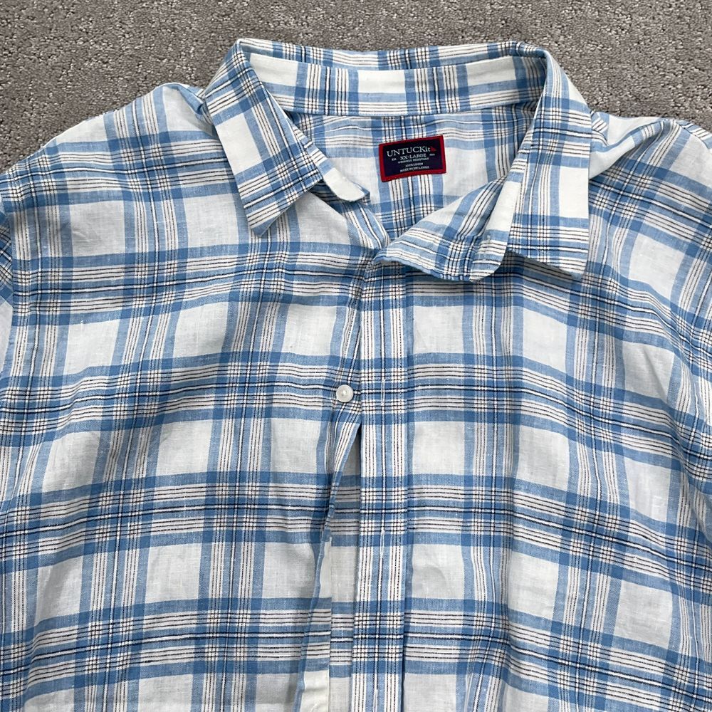 UNTUCKit Campanha Shirt Men 2XL Blue Wite Plaid Linen Casual Regular Fit 41443